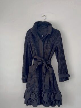 Black Textured Ruffle Hem Trench Coat with Waist Tie